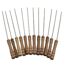 Outdoor Barbecue Tool Stainless Steel Stick Grilling Skewers Wooden Handle 12 In 1 Pack