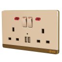 13A Wall-Mount Socket Two Outlets+Two USB Ports With Indicator Light Golden