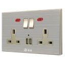 13A Wall-Mount Socket Panel Two Outlets+Two USB Ports with Indicator Light British Standard