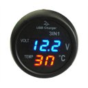 Multi Function Car Voltmeter 3 In 1 Car Thermometer USB Charger Blue+Red