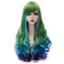 LW-1070 Cosplay COS Wig Sideswept Bangs Long Curly Hair Green to Blue to Purple