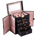 Synthetic Leather Huge Jewelry Box Mirrored Watch Organizer Necklace Ring Earring Storage Lockable Gift Case Black