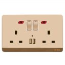 13A Wall-Mount Socket Two Outlets+Two USB Ports With Indicator Light Golden