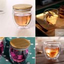 Double Layer Wall Clear Glass Tea Cup + Bamboo Lid Set Glass Coffee Milk Mug