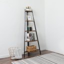 Industrial Corner Ladder Shelf, 5 Tier Bookcase A-Shaped Utility Display Organizer Plant Flower Stand Storage Rack, Wood Look Accent Metal Frame Furniture Home Office