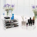 Home Use Space-saving Rectangular Compartments & 3-Layer Drawers Integrated Plastic Makeup Case Tran
