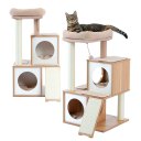 Wood Cat Tree Cat Tower With Double Condos Spacious Perch Sisal Scratching Post And Replaceable Dangling Balls Beige