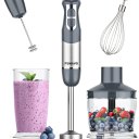 Immersion Hand Blender, 5-in-1 Multi-Function 12 Speed 800W Stainless Steel Handheld Stick Blender with Turbo Mode, 600ml Beaker, 500ml Chopping Bowl, Whisk, Frother Attachments, BPA-Free